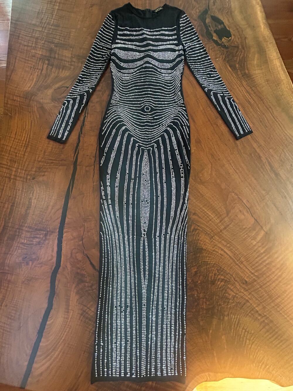 ARE YOU AM I Black Rhinestone Mesh Maxi Dress Optical Illusion S Festival